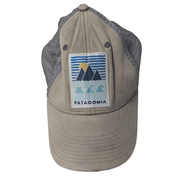 Patagonia RARE Khaki & Gray Mountain to Sea Logo Mesh Snapback Trucker Hat - Picture 1 of 9